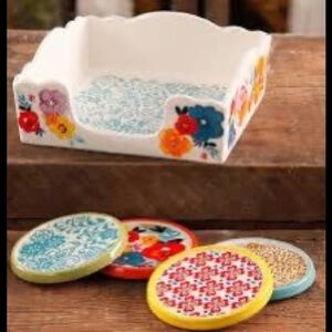 NIB Pioneer Woman Flea  Coaster Set And Napkin Box